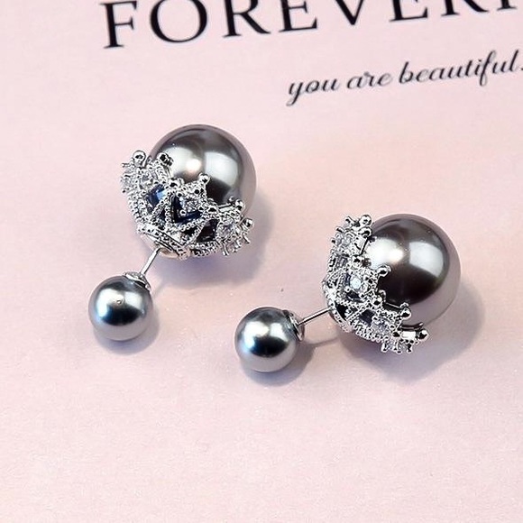 Pearlescent Gray Silver Crystal Pave Double Studs - Picture 7 of 8